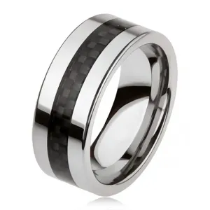 Volframov poročni prstan v srebrni barvi s črnim sredinskim pasom, mrežast vzorec  - Velikost: 57