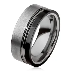 Volframov prstan, dve zarezi, srebrna in črna barva, sijoča mat površina - Velikost: 49