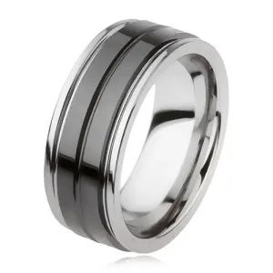 Volframov prstan s sijočo črno površino in sredinsko zarezo, srebrna barva - Velikost: 49
