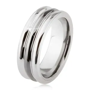 Volframov prstan s sijočo površino, dve zarezi, črna in srebrna barva - Velikost: 57