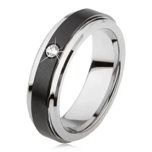 Volframov prstan v srebrni barvi, črn keramičen pas, cirkon - Velikost: 51