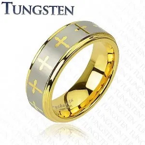 Volframov prstan v zlatem odtenku, križi in linija srebrne barve, 8 mm - Velikost: 52
