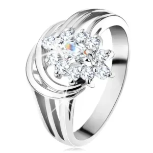 Bleščeč prstan, razdeljena kraka srebrne barve, prozorna cirkonska cvetlica - Velikost: 54