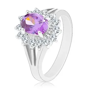 Bleščeč prstan srebrne barve, vijoličen oval, prozorna cirkonska obroba - Velikost: 55