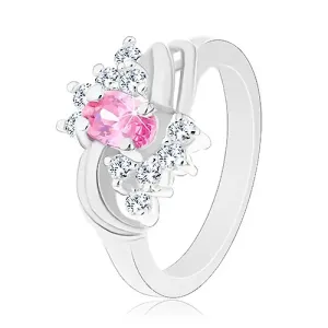 Bleščeč prstan srebrne barve z roza ovalom, prozorni cirkoni, loki - Velikost: 52