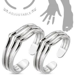 Komplet prstanov za roko ali nogo, srebrna barva, tri koničaste linije  - Veľkosti prsteňov: 52 a 45