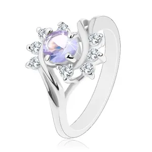Lesketav prstan srebrne barve, okrogel svetlo vijoličen cirkon, loka - Velikost: 55