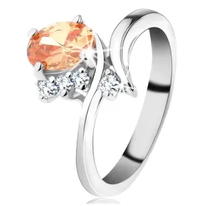 Lesketav prstan srebrne barve, ovalen cirkon oranžne barve - Velikost: 52