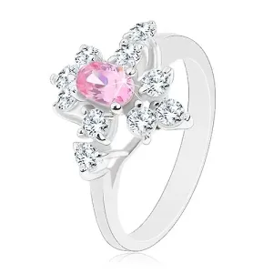 Lesketav prstan srebrne barve, rožnat oval, prozorni cirkoni - Velikost: 57