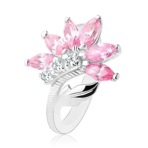 Lesketav prstan srebrne barve, rožnato-prozoren cirkonski cvet, sijoč list - Velikost: 53