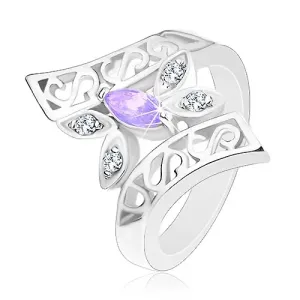 Prstan srebrne barve, okrasna zavita kraka, barven metulj - Velikost: 51, Barva: Svetlo vijolična
