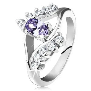 Prstan srebrne barve, svetlo vijoličen ovalen cirkon, prozorni cirkonski vrsti - Velikost: 49
