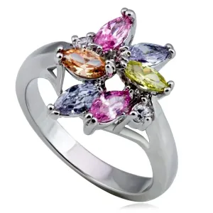 Sijoč kovinski prstan - cvetlica, barvni cirkoni solzaste in okrogle oblike - Velikost: 49