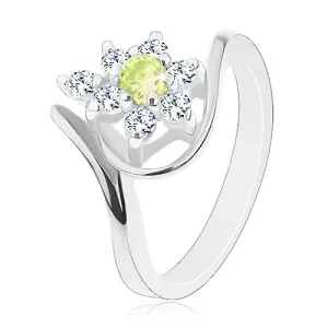Sijoč prstan srebrne barve, cirkonski cvet z rumeno-zelenim centrom - Velikost: 57