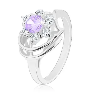 Sijoč prstan srebrne barve, svetlo vijolično-prozoren cvet, loki - Velikost: 51