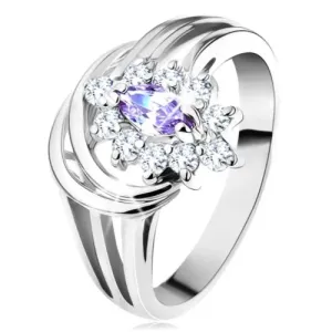 Sijoč prstan srebrne barve, svetlo vijolično zrno s prozornimi cvetnimi listi - Velikost: 54