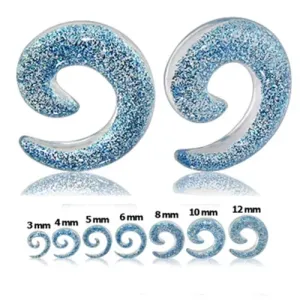 Prozoren razširjevalnik za uho - spirala z modrimi bleščicami - Širina: 6 mm