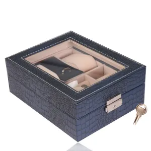 Pravokotna škatla za nakit temno modre barve - imitacija krokodiljega usnja, zaponka, ključ