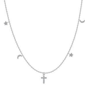 925 Srebrna ogrlica - križ, zvezde in lune, prozorni cirkoni