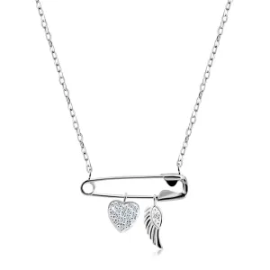 925 Srebrna ogrlica - varnostna sponka z obeski, srce s cirkoni, angelsko krilo