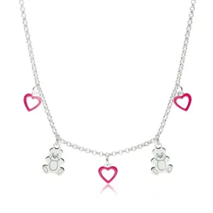 925 Srebrna otroška ogrlica - obris srca z rožnato glazuro in sijoči medvedki