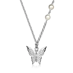 Ogrlica iz 925 srebra - metulj, bel sintetični biser, različne vrste verižic
