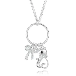 Ogrlica iz 925 srebra - obris mačke, pentlja, obroček z zarezami, prozorni cirkoni