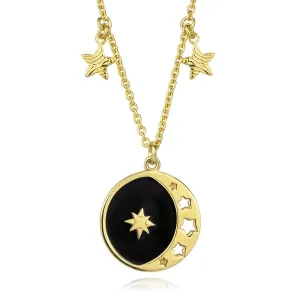 Ogrlica iz 925 srebra - zlate barve, disk, črna glazura, dobne zvezde