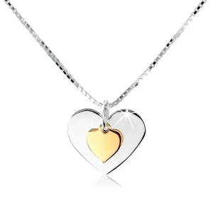 Ogrlica iz srebra 925, dve ploščati srci v srebrni in zlati barvi
