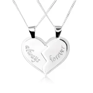 Ogrlica iz srebra 925, dvojni obesek - razpolovljeno srce, napisa ''always'' in ''forever''