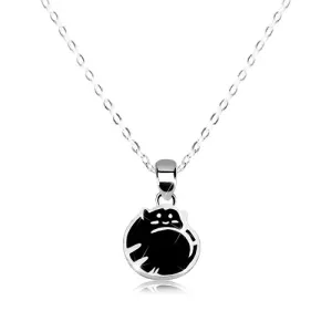 Ogrlica iz srebra 925 – mačka v klobčiču, črna glazura, sijoča verižica