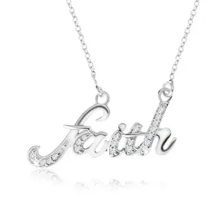 Ogrlica iz srebra 925, obesek - okrašen napis ''faith'', cirkoni