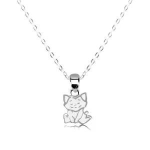 Ogrlica iz srebra 925 – sedeča mačka, bela glazura, sijoča verižica