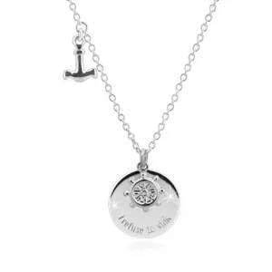 Ogrlica iz srebra 925 – sidro, ladijsko krmilo, sijoč krog z napisom I refuse to sink