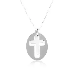Ogrlica iz srebra  925 – sijoč oval z mat križem na sredini