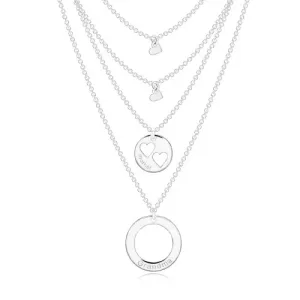 Ogrlica iz srebra 925 – štiri verižice z obeski, kroga in srce, napis