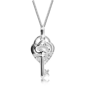 Ogrlica iz srebra 925, verižica, srčasta ključavnica in ključ, prozorni okrasni kamenčki