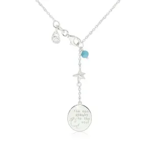 Sijoča ogrlica iz srebra 925 – modra kroglica, morska zvezda, školjka in ploščica z napisom