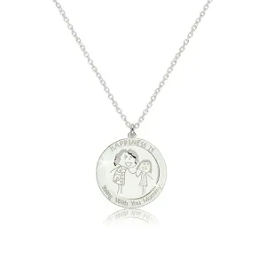 Sijoča ogrlica iz srebra 925 – okrogla ploščica s podobo mame in hčerke ter okrasnim napisom, premična okrogla kontura