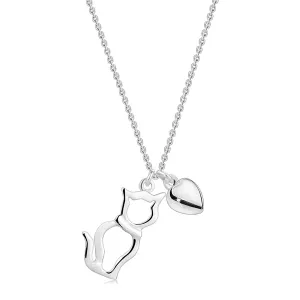 Srebrna ogrlica 925 – obris sedeče mačke, gladko srce, drobna verižica