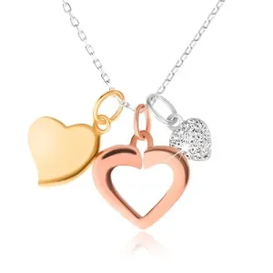 Srebrna ogrlica - verižica, tri srca, zlata, srebrna in bakrena barva