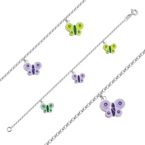 925 srebrna zapestnica za otroke - metuljčki zelene in vijolične glazure