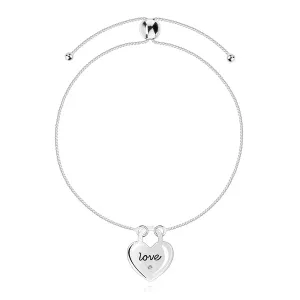 Zapestnica za geleženj iz 925 srebra - prozoren diamant, srce, napis LOVE