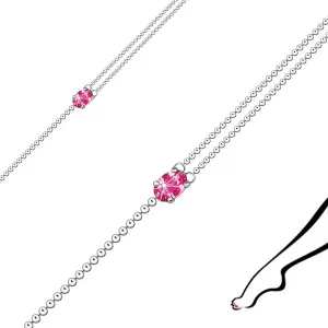 Zapestnica za gleženj iz 925 srebra – dvojna verižica s kroglicami, cirkon v roza barvi