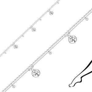 Zapestnica za gleženj iz 925 srebra - dvojna zapestnica, okrašena s polnimi kroglicami in drevesom življenja