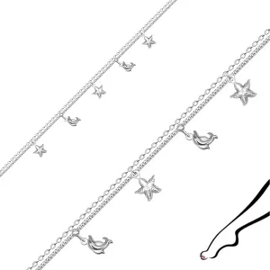 Zapestnica za gleženj iz 925 srebra - dvojna zapestnica, okrašena z delfini in morskimi zvezdami
