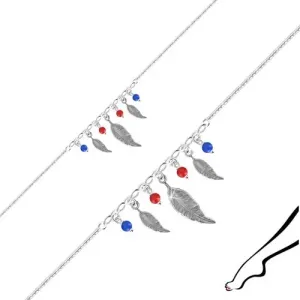 Zapestnica za gleženj iz srebra 925 – tri peresa, štiri kroglice rdeče in modre barve