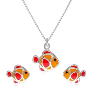 Dvodelni komplet iz srebra 925 – ogrlica in uhani, rdeče-oranžna riba