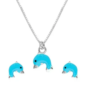 Komplet iz srebra 925 – ogrlica in uhani, delfin z modro glazuro