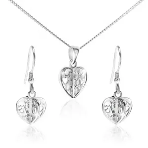 Komplet iz srebra 925 - ogrlica in uhani, izrezljana srca
